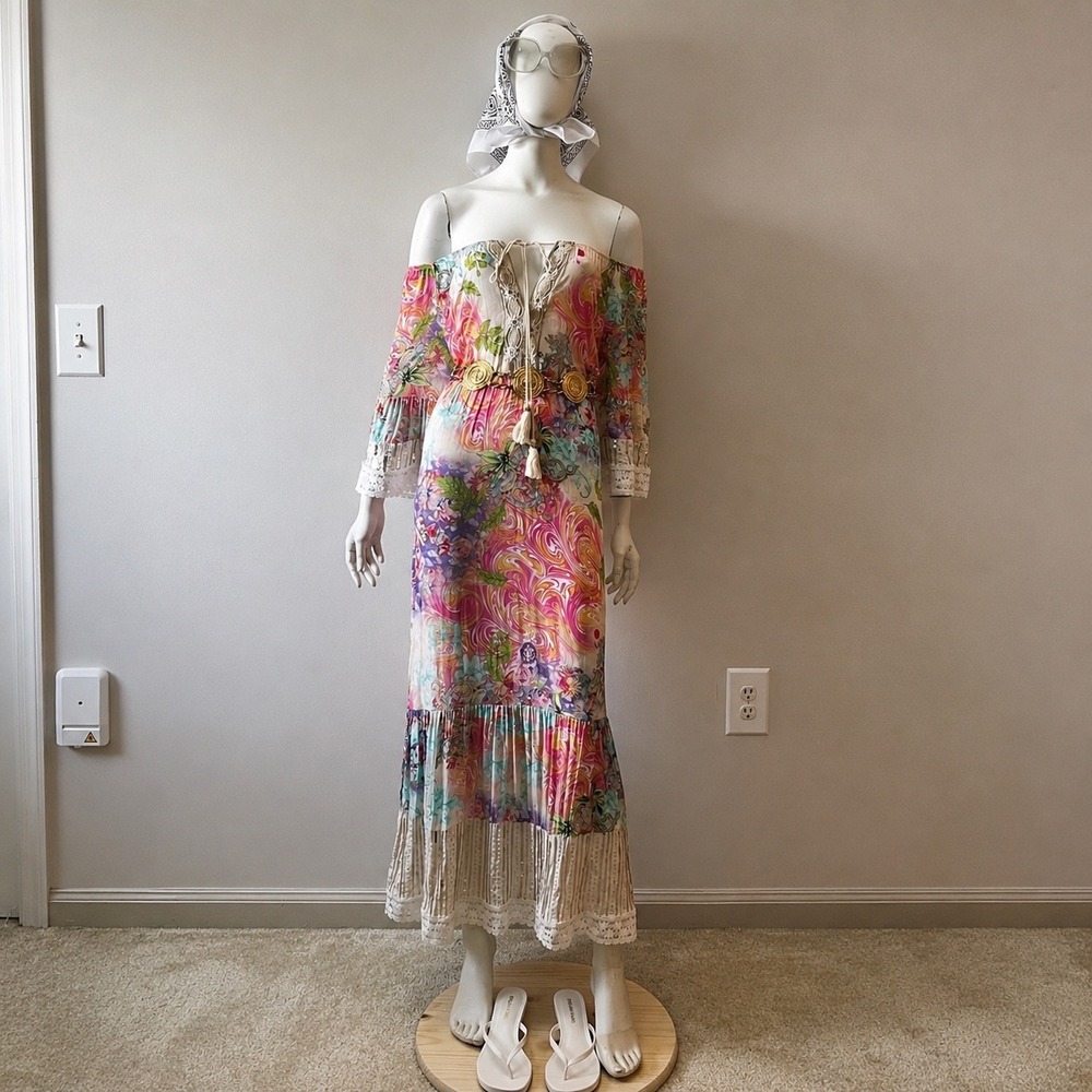 BIBA Italy Boho Crochet Lace Maxi Dress Off Shoulder Festival Ibiza Cottagecore